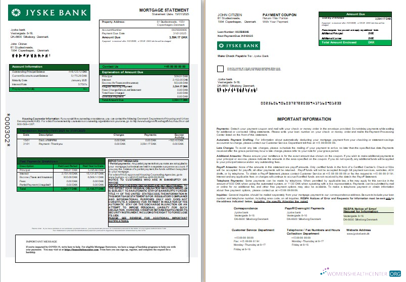 Download Denmark Jyske bank mortgage statement, 3 pages, 1 2 scr Photoshop template